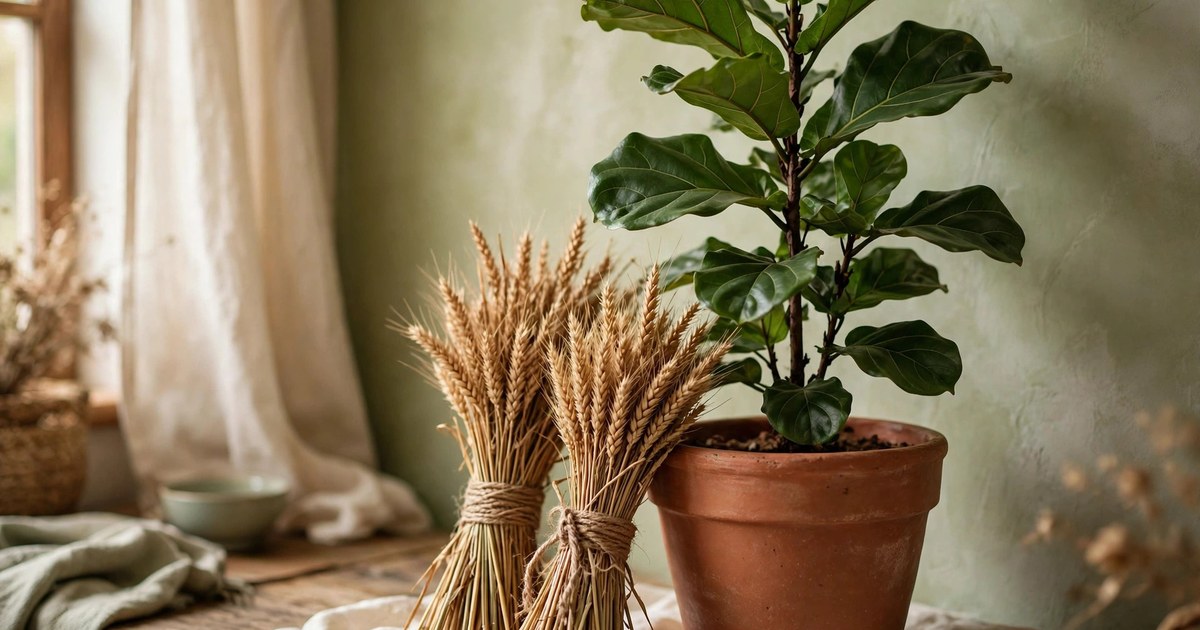 Dried wheat bundles tied with twine beside a tall fiddle leaf fig