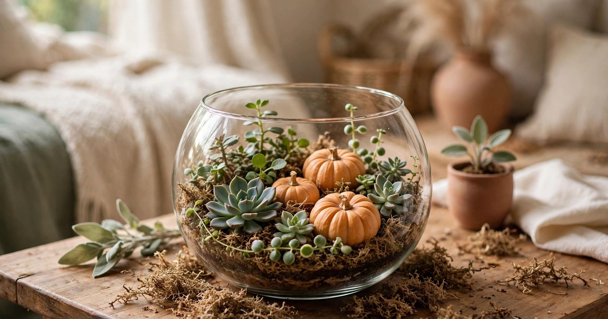 Open glass terrarium with succulents and mini pumpkins on a coffee table