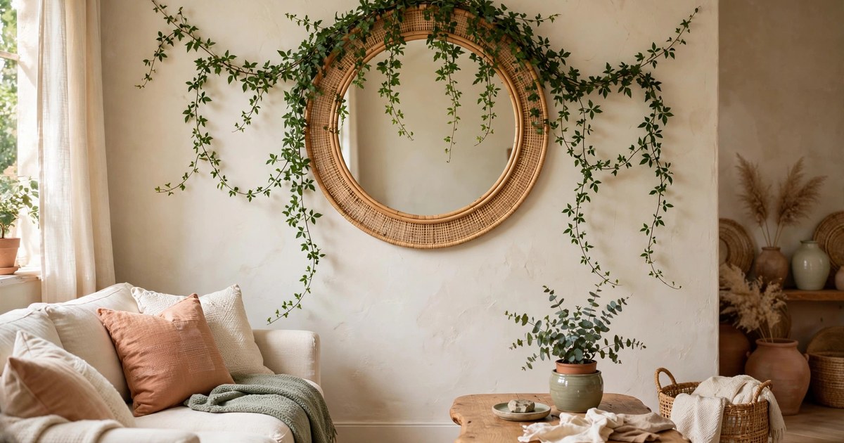 Trailing ivy garland draped over a round mirror in a cozy living room