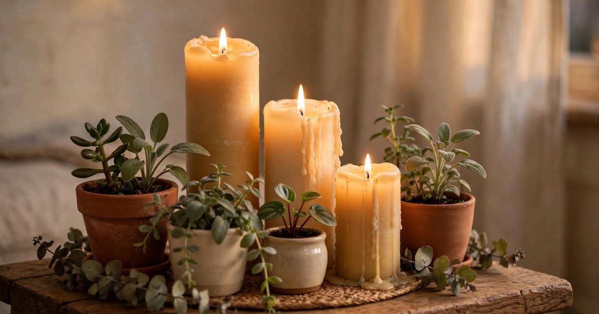 Lit candles clustered among houseplants on a wooden side table