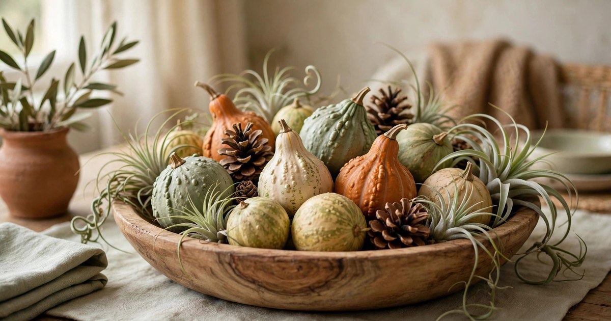 Wooden bowl filled with small gourds and air plants as a table centerpiece