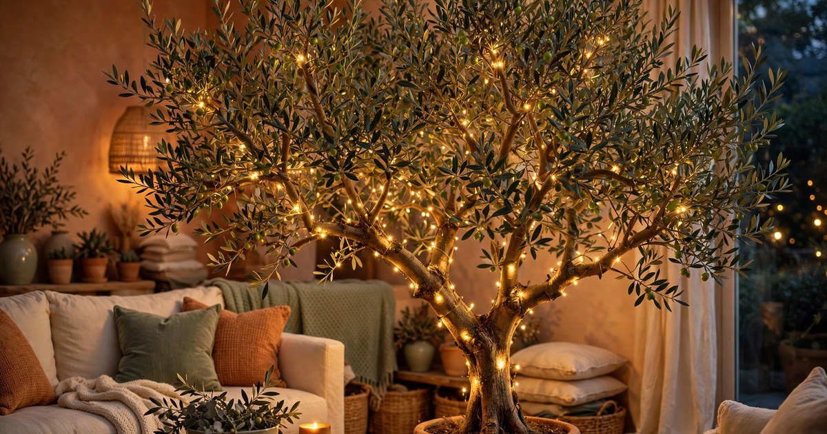 Warm fairy lights woven through the branches of a large indoor olive tree
