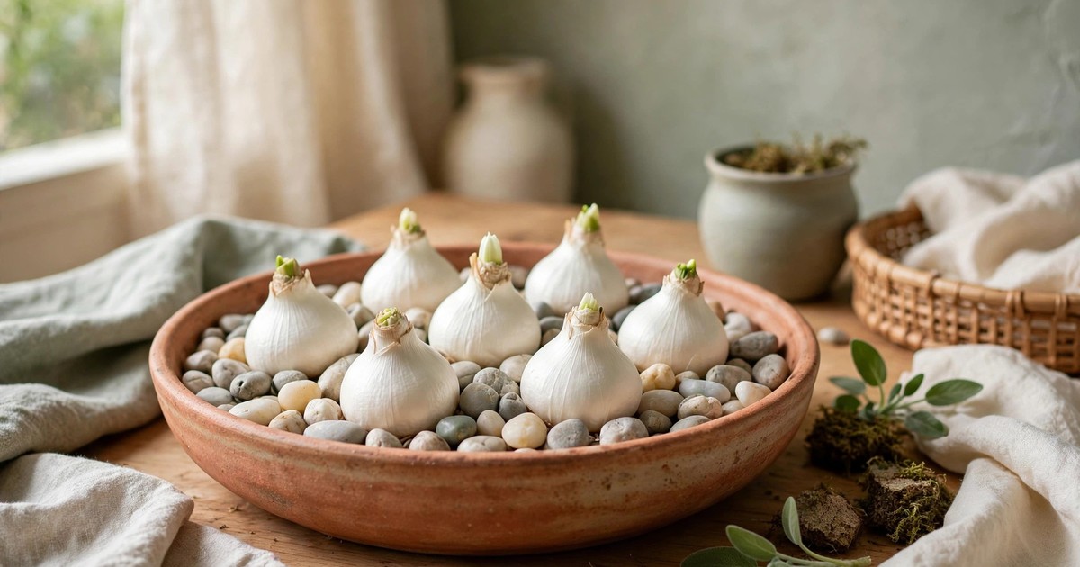 A shallow ceramic bowl with pebbles ready for planting paperwhite bulbs