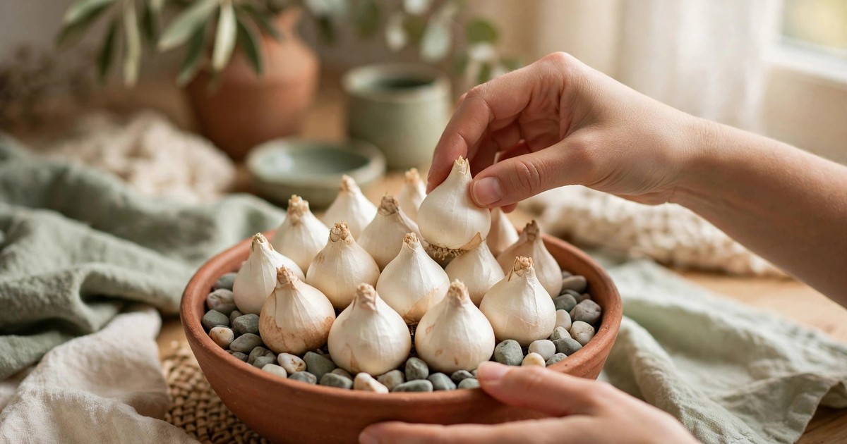 Planting paperwhite bulbs pointy end up close together in a bowl of pebbles