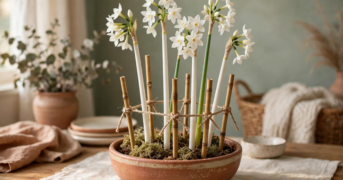 Staking tall paperwhite stems with twine and small bamboo canes in a bowl