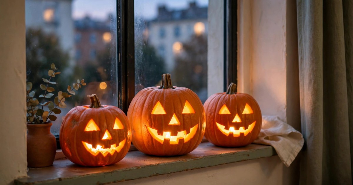 Three glowing LED pumpkin lanterns on a small apartment windowsill
