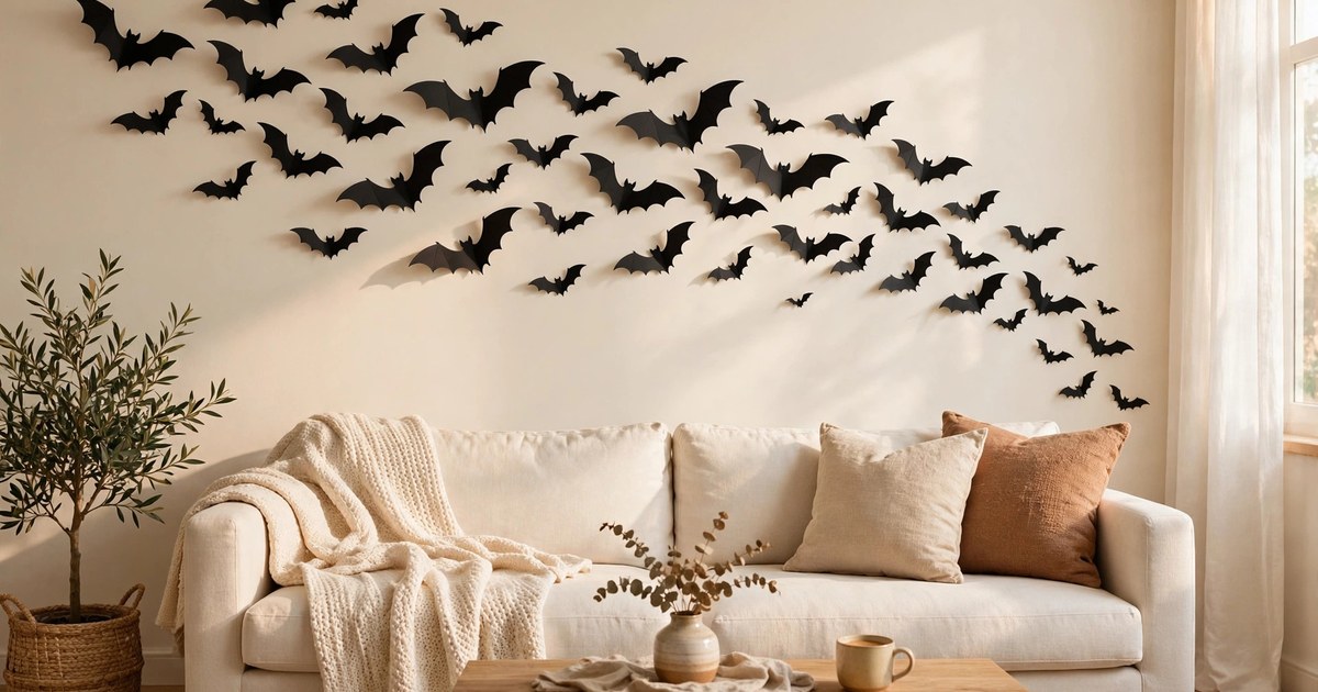 Black 3D bat wall decals arranged above a sofa in a small living room