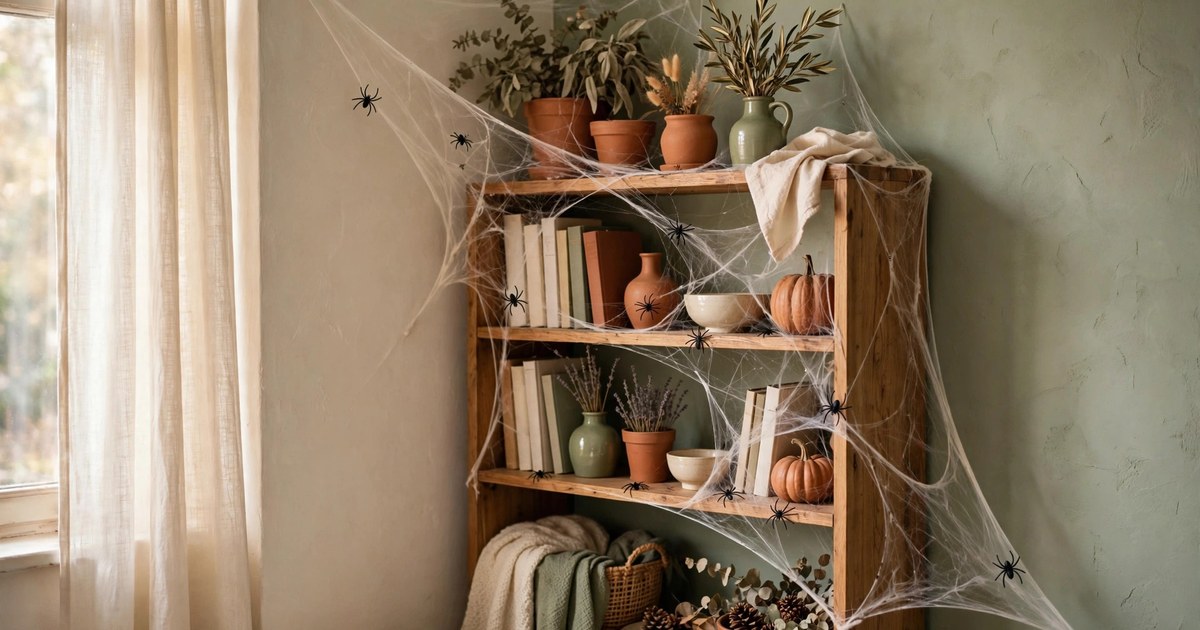 Stretchable spiderweb decoration with spiders in an apartment corner