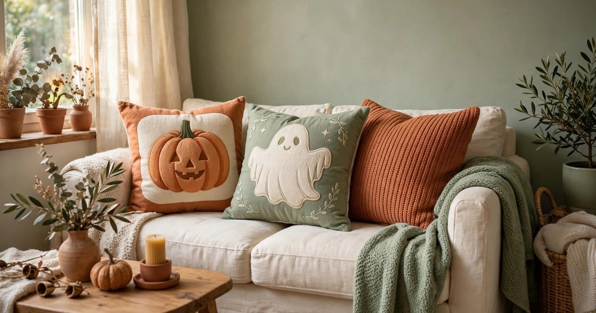 Halloween throw pillow covers with pumpkin and ghost designs on a cream sofa