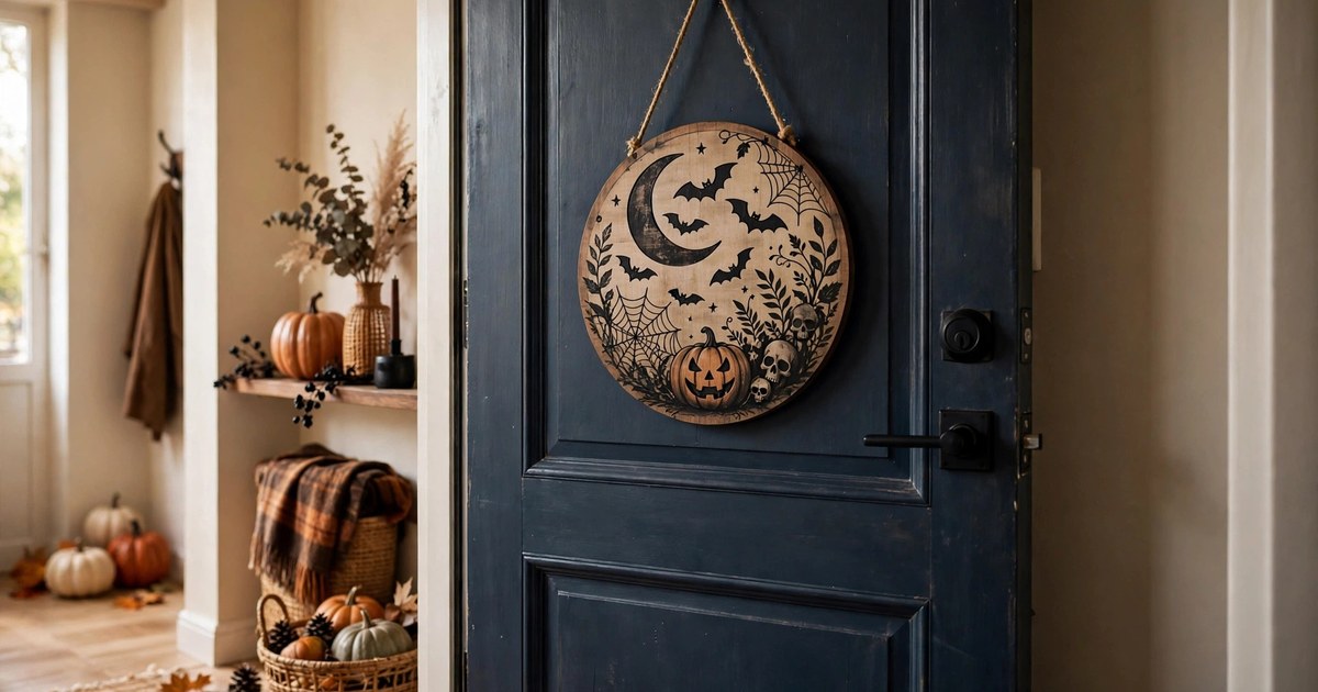 Halloween hanging door sign with spooky lettering on an apartment door