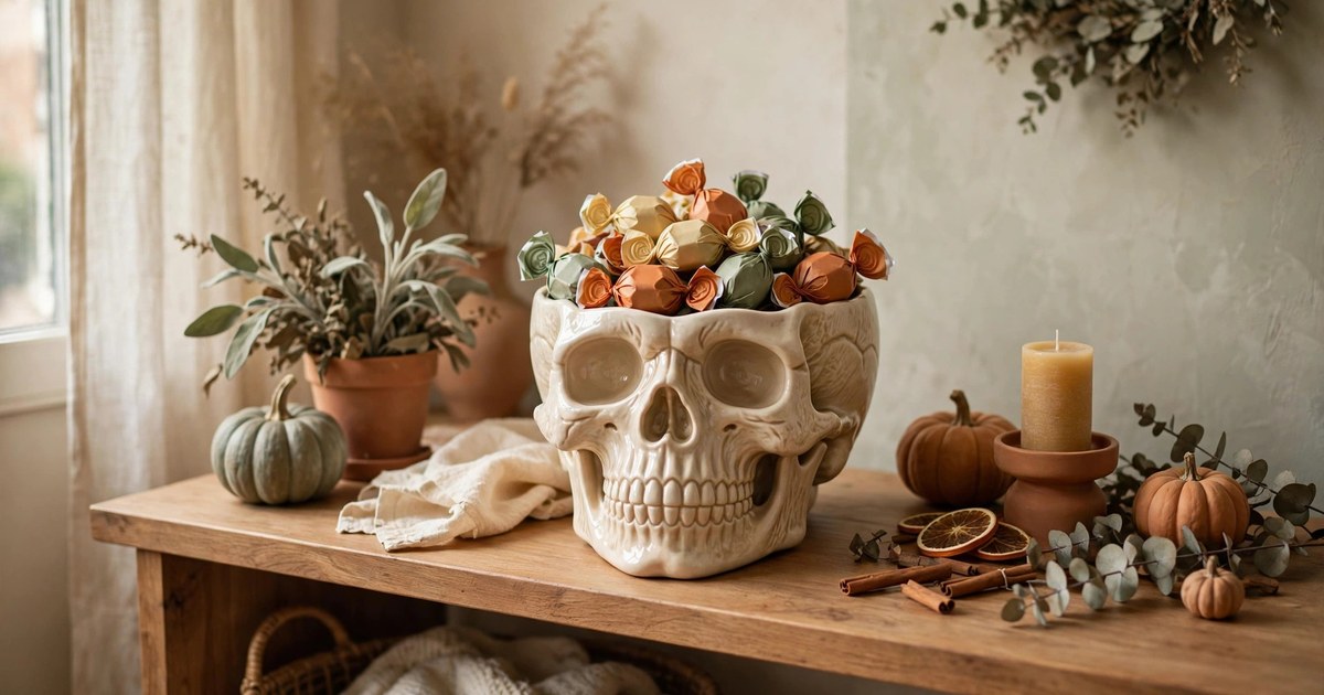 Decorative skull candy bowl filled with wrapped candy on a console table