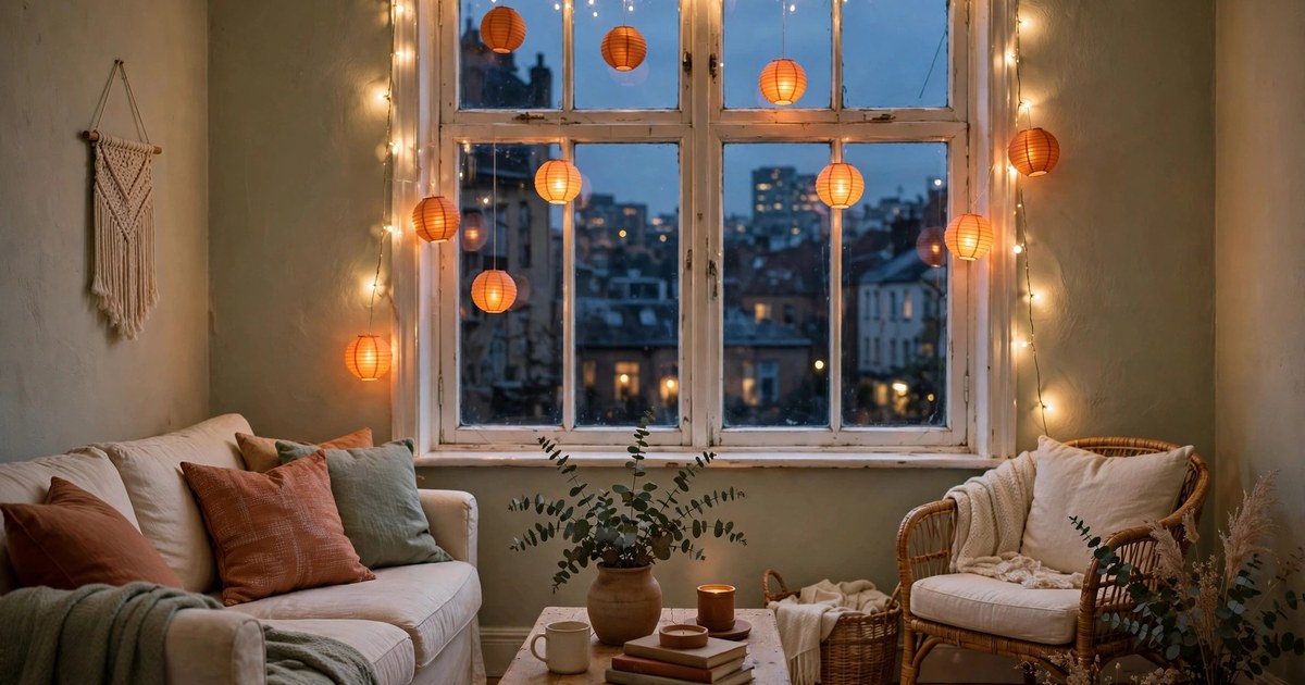 Apartment window decorated with warm fairy lights and paper lanterns at dusk