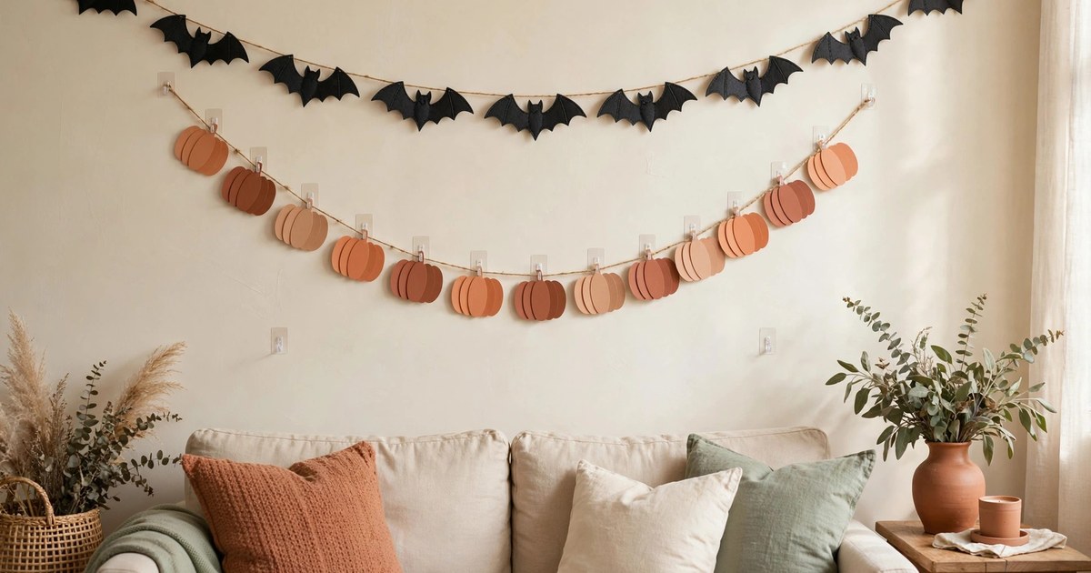 Cream wall with felt bat garland and paper pumpkin banner hung with removable hooks