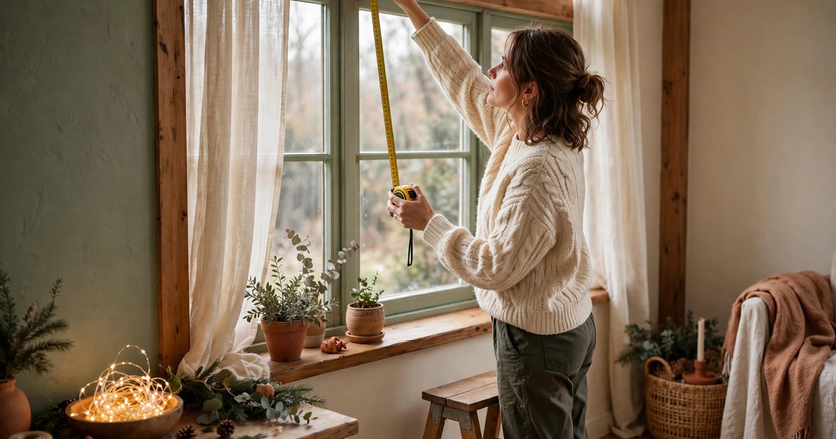 Measuring a window frame with a tape measure before hanging Christmas lights