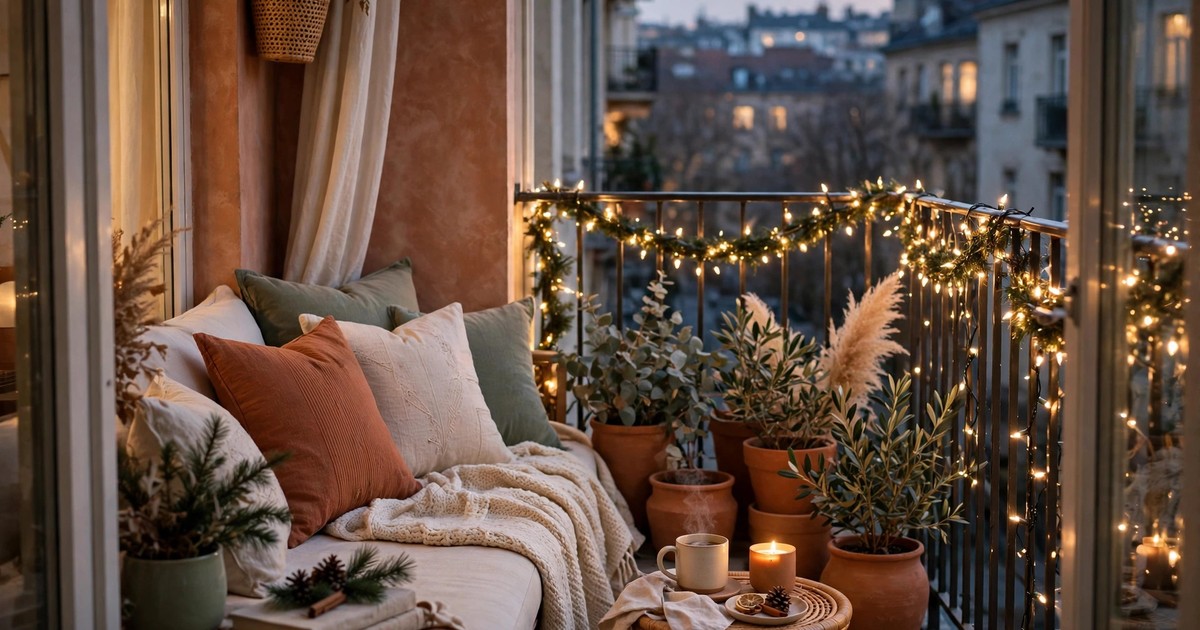 Christmas lights wrapped around an apartment balcony railing