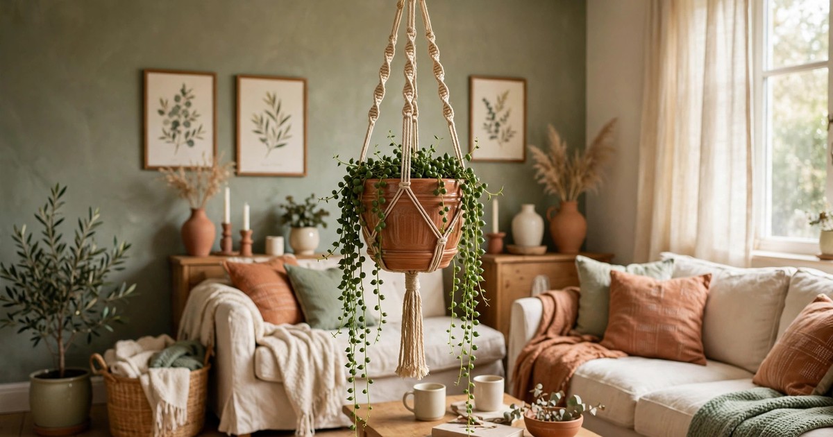 A ceramic hanging planter with a trailing plant suspended in a bright living room