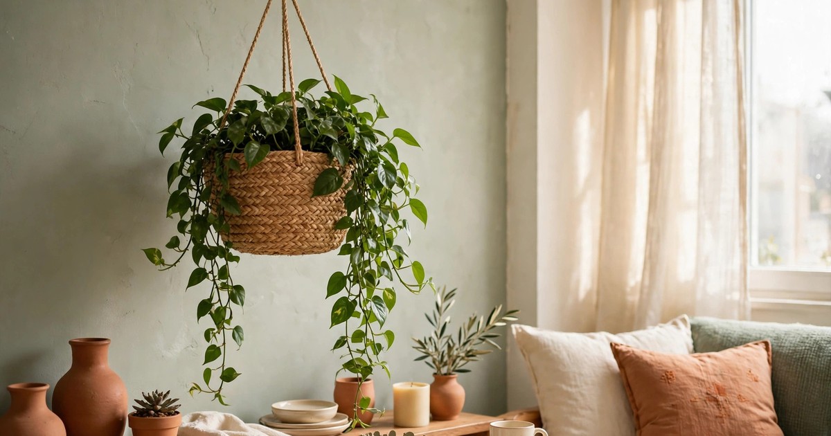 A woven seagrass hanging basket with a lush trailing plant in a bright apartment