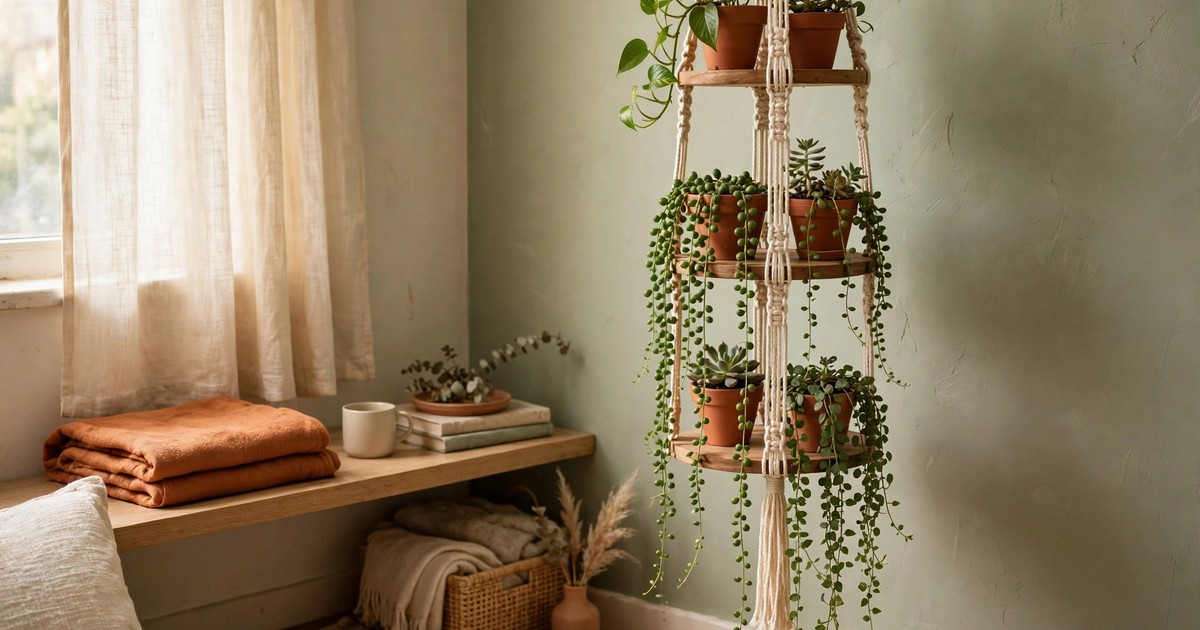 A tiered hanging planter with multiple small plants cascading in an apartment corner