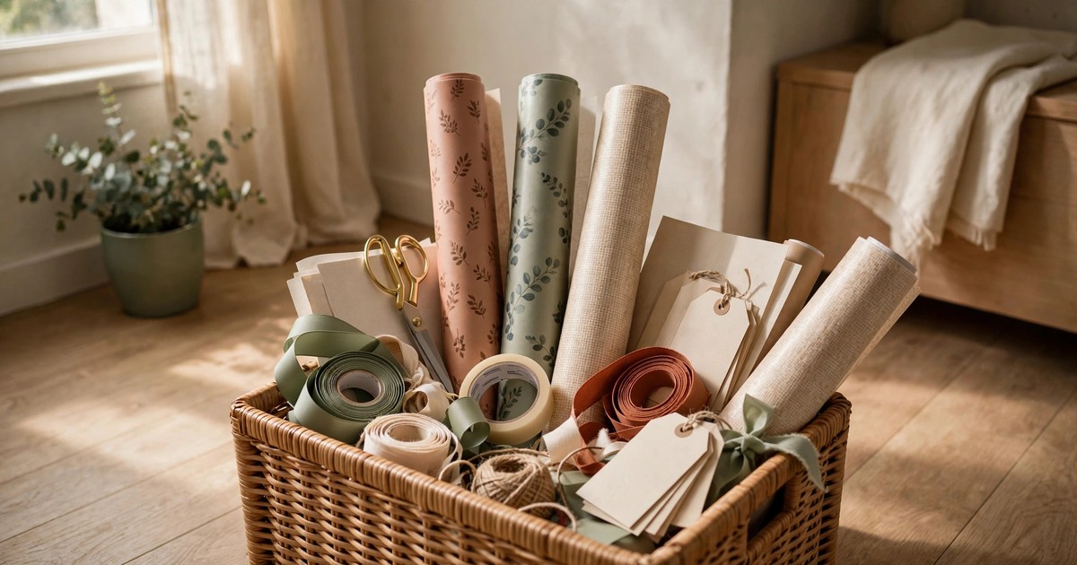 Wrapping paper rolls, scissors, tape, ribbons and gift tags gathered in one storage bin