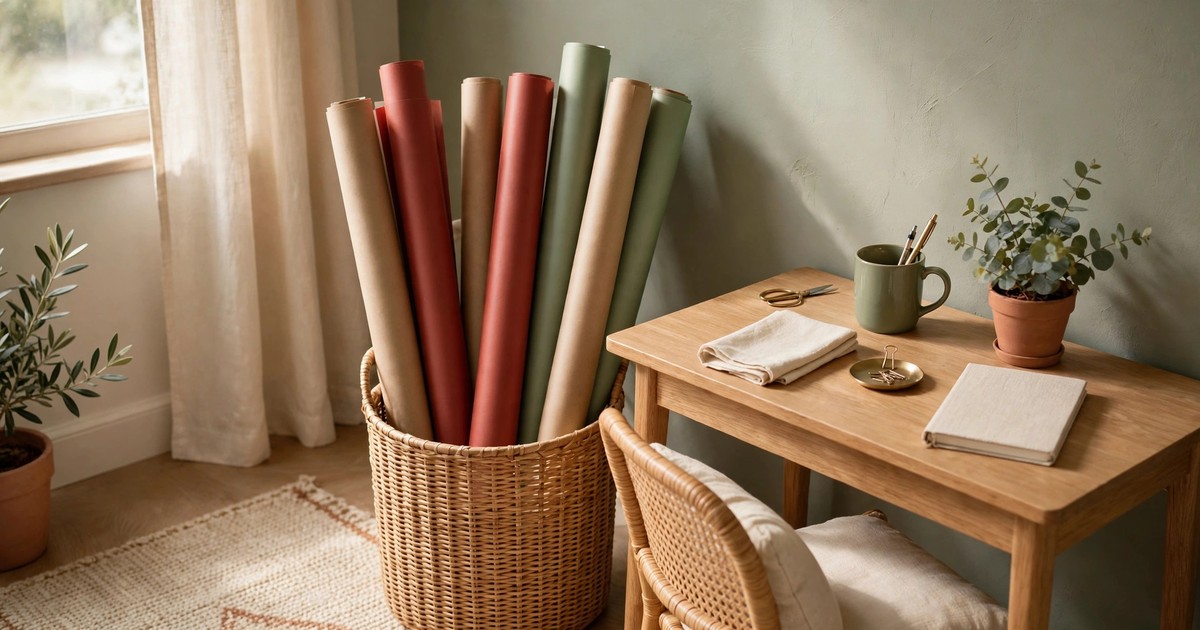 Wrapping paper rolls stored upright in a tall bin beside a small apartment desk