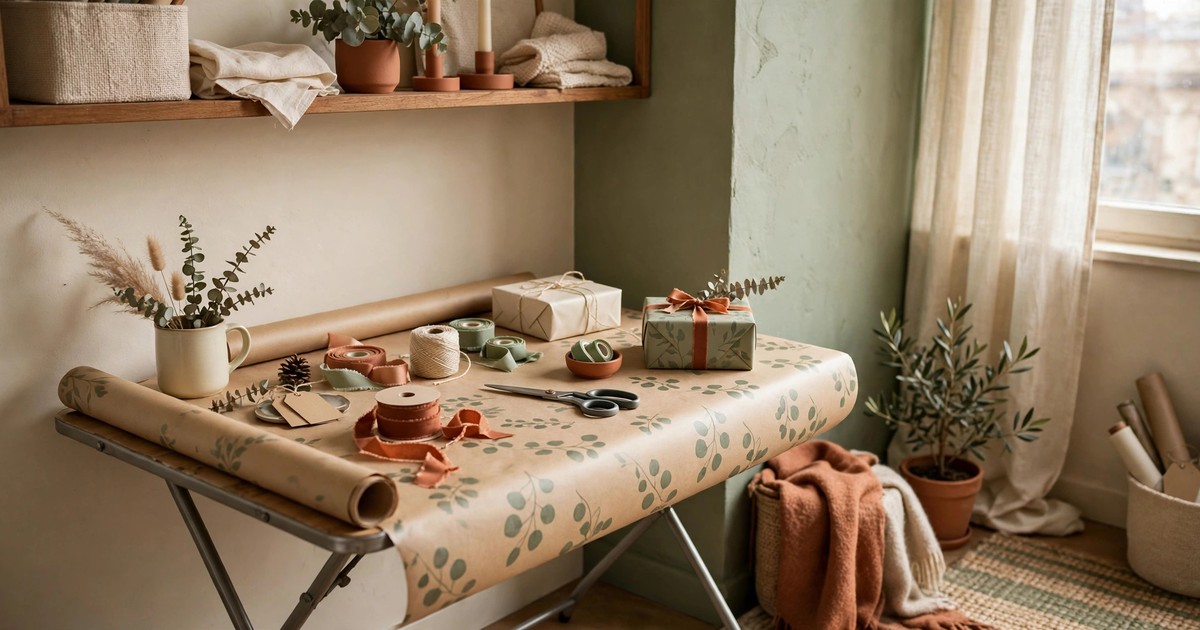 A folding table set up as a gift-wrapping surface in a small apartment corner with paper and gifts