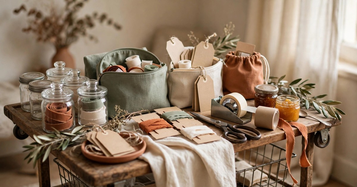 Small jars and pouches organizing ribbons, gift tags, scissors and tape on a wrapping station