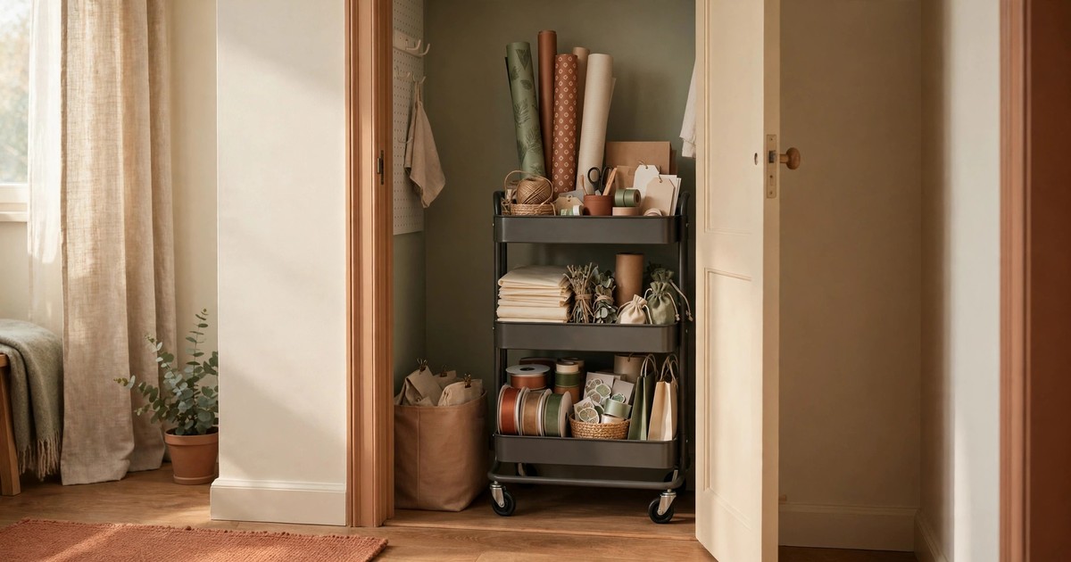 A packed-away gift-wrapping station: cart rolled into a closet with supplies neatly stored