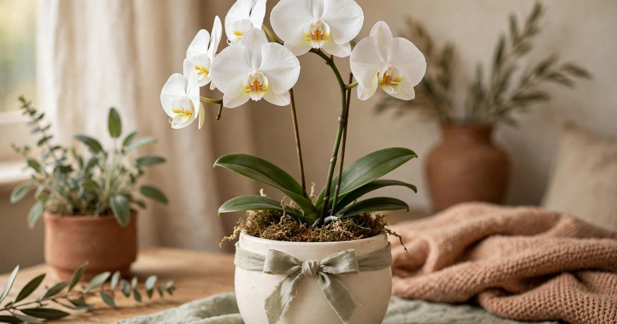 White phalaenopsis orchid in a cream ceramic pot, ready to give as a holiday gift
