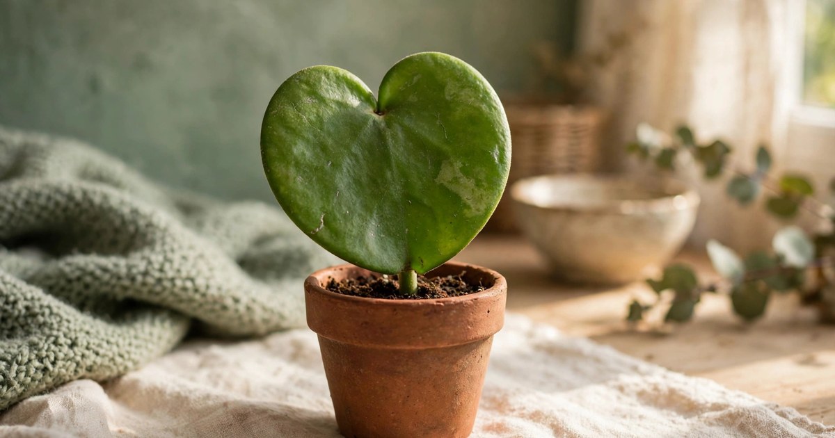 Heart-shaped hoya kerrii leaf planted in a small terracotta pot