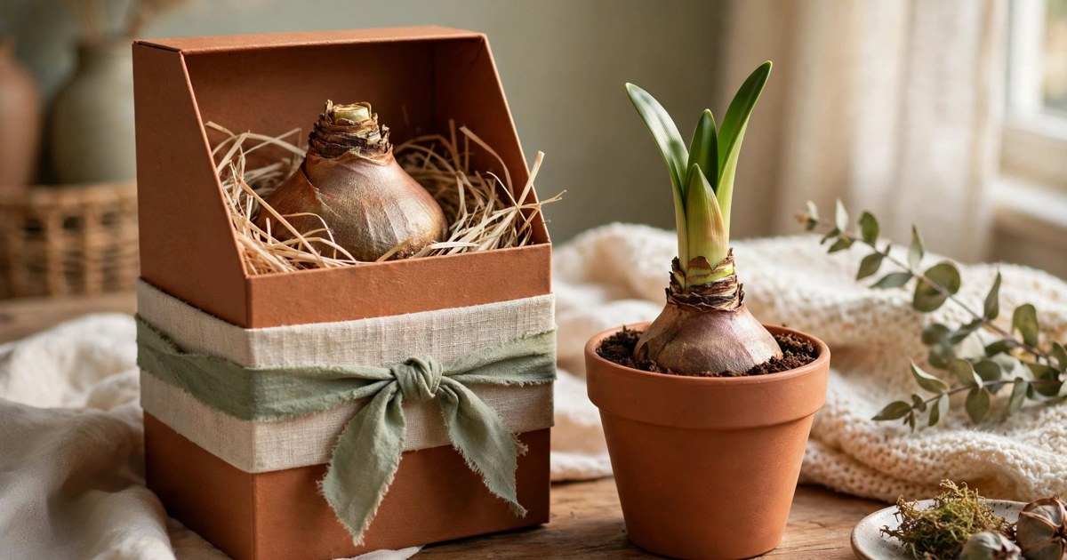 Amaryllis bulb gift box with red bloom packaging beside a potted bulb starting to grow