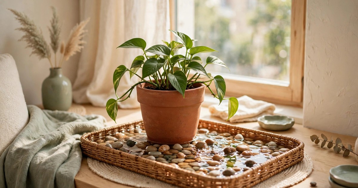 A houseplant sitting on a pebble tray with water in a bright apartment