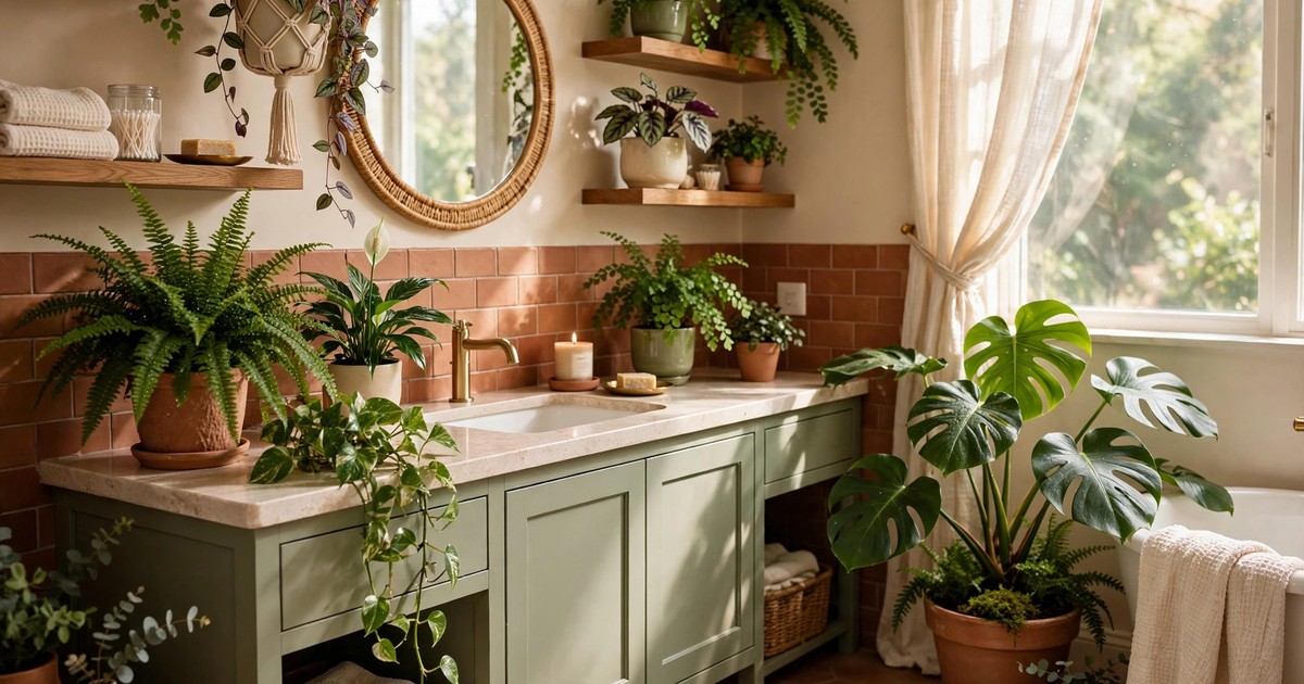 Humidity-loving houseplants thriving in a bright bathroom