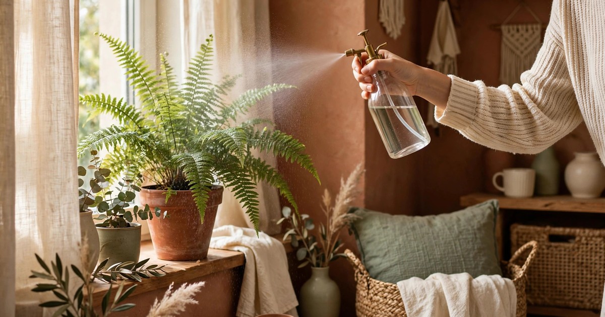 Misting a fern with a spray bottle in a cozy apartment