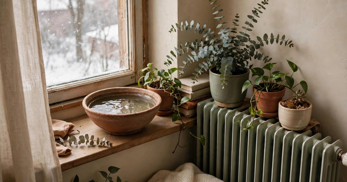A bowl of water beside a radiator near houseplants in a winter apartment