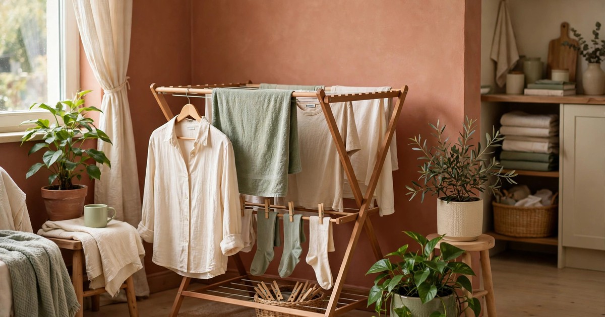 Laundry drying on a rack near houseplants in a small apartment