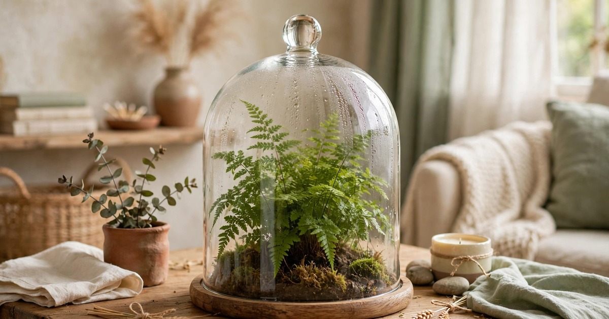A fern under a glass cloche creating a humid microclimate