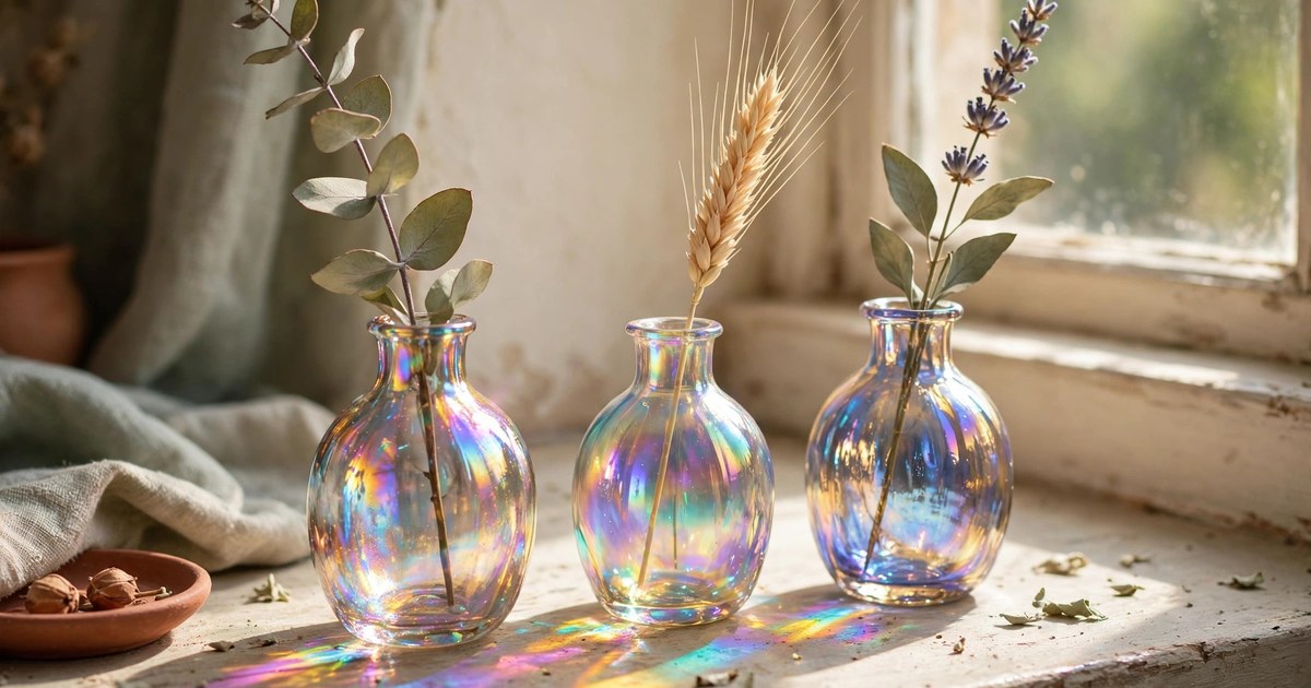 Three small iridescent glass bud vases catching rainbow light on a windowsill
