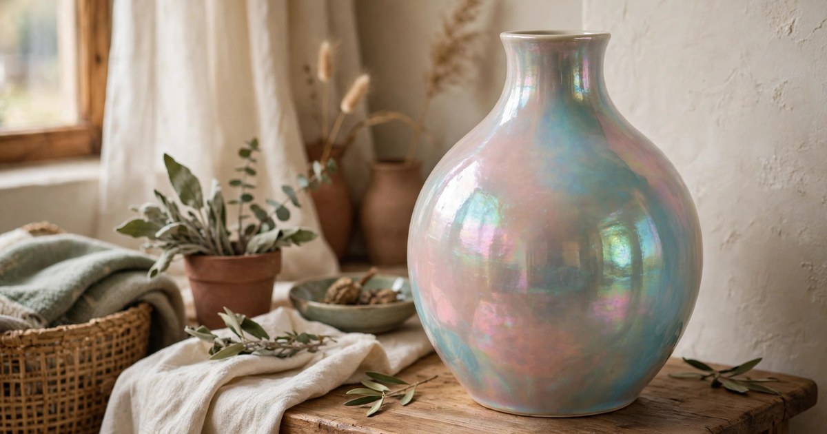 Pearlescent ceramic vase with soft opal glaze on a wooden side table