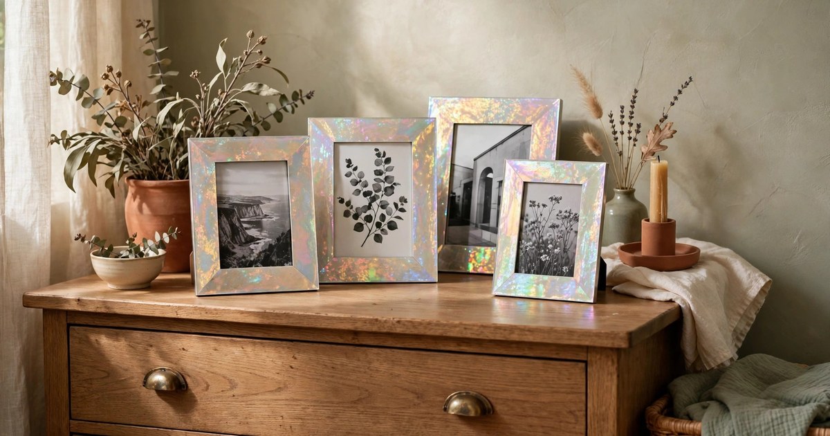 Iridescent photo frames with shimmering finish on a bedroom dresser