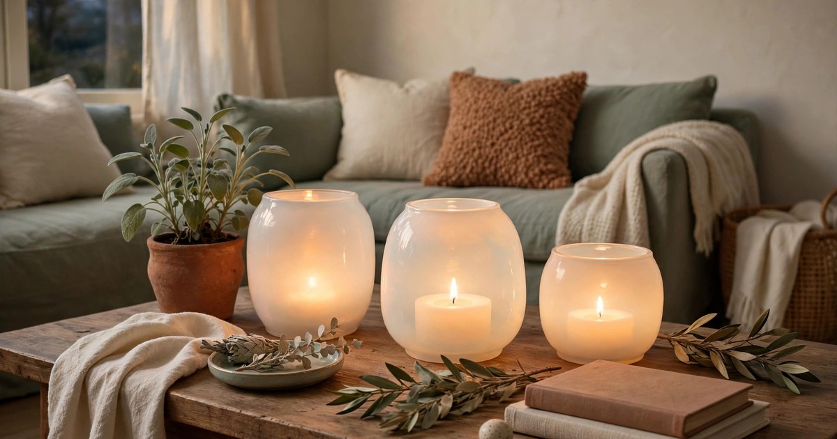 Opal glass candle holders glowing with tea lights on a coffee table