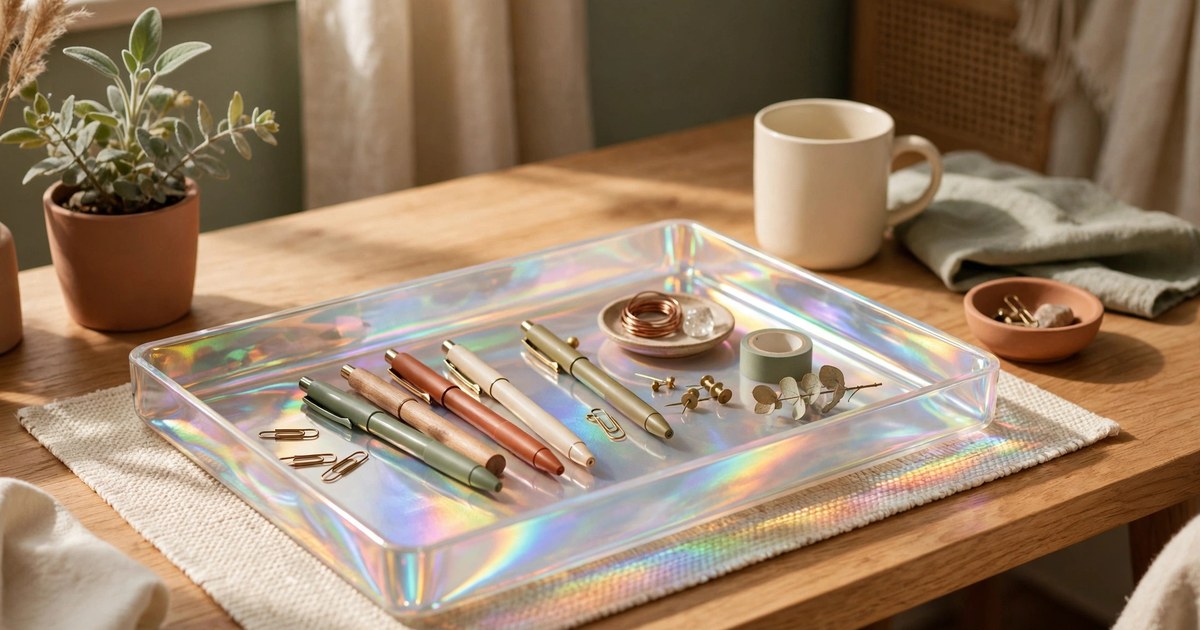 Holographic desk tray holding pens and small items on a compact desk