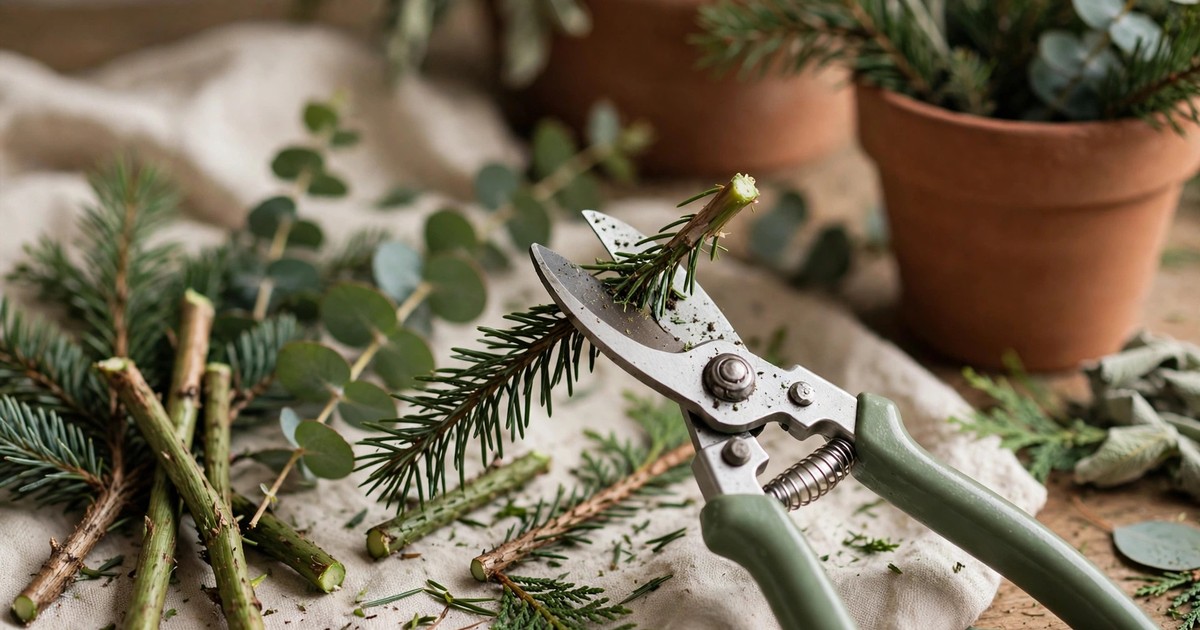 Freshly cut Christmas greenery stems being trimmed at an angle with secateurs