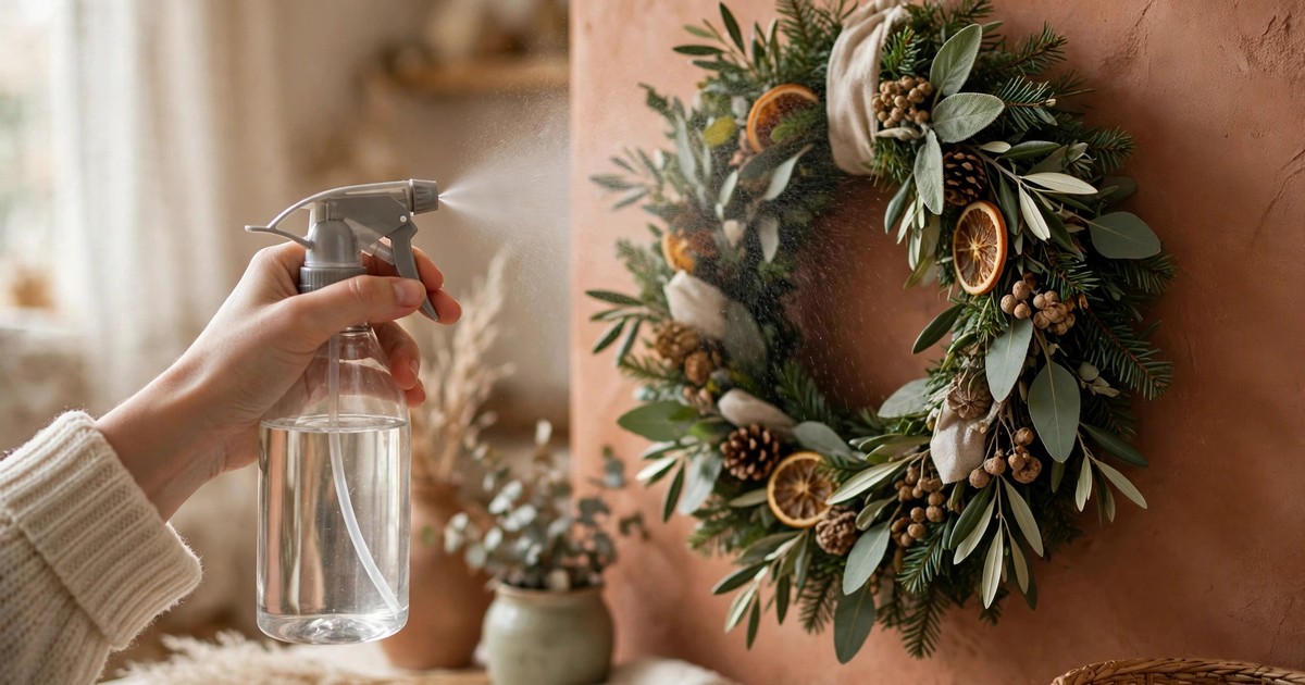 Misting a Christmas wreath with a spray bottle to keep the greenery fresh indoors