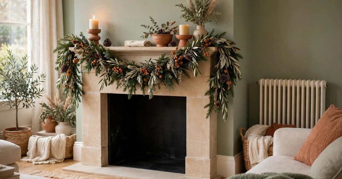A Christmas garland hung on a mantel away from a radiator in a cozy living room