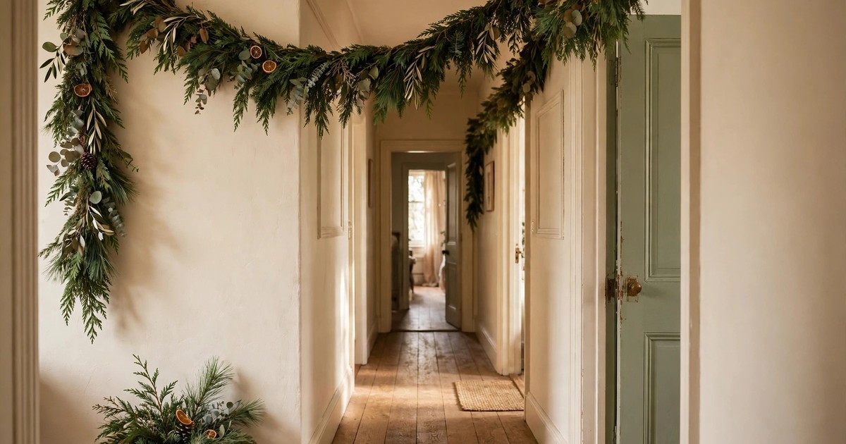 Long-lasting cedar and pine greenery arranged as a Christmas garland in a hallway