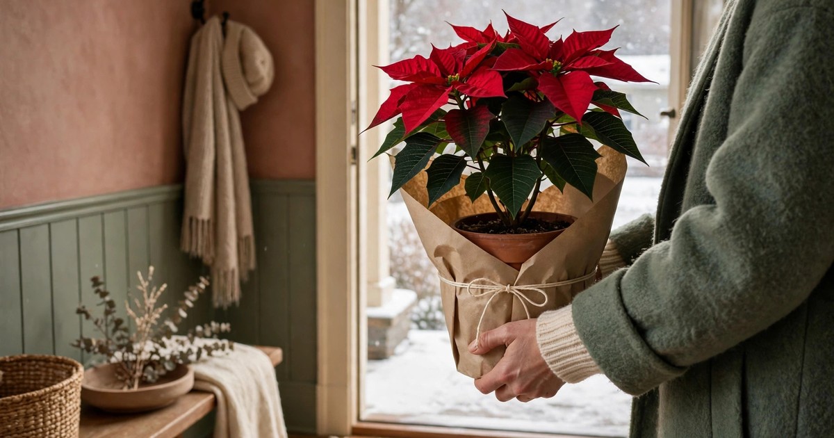 A poinsettia plant wrapped in paper being carried home in cold weather