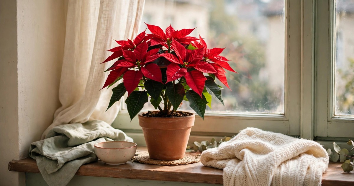 A red poinsettia thriving on a bright windowsill in a cozy apartment