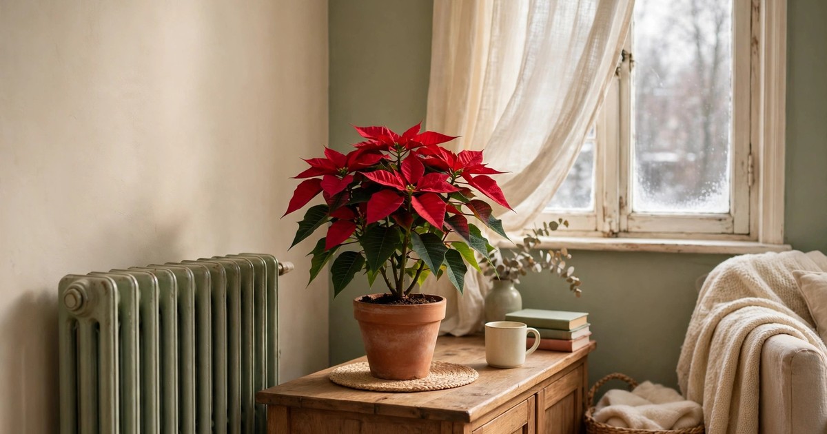 A poinsettia placed safely away from a radiator and a drafty window
