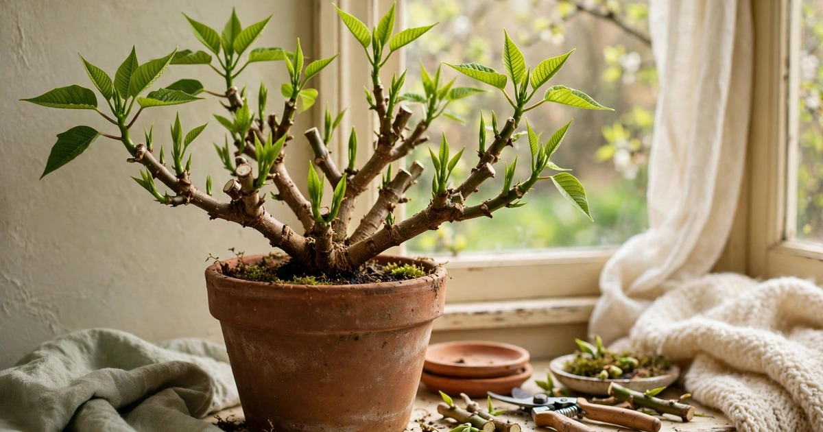 A pruned poinsettia with new green growth in spring on a windowsill