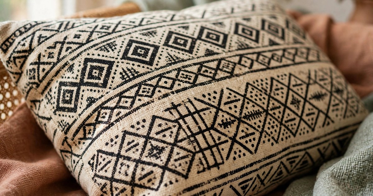 Close-up of authentic handwoven mudcloth fabric with geometric patterns on a sofa